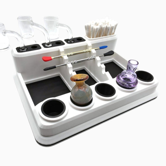 Dabdock desktop station with silicone-lined holders for caps, tools and 10/14mm accessories