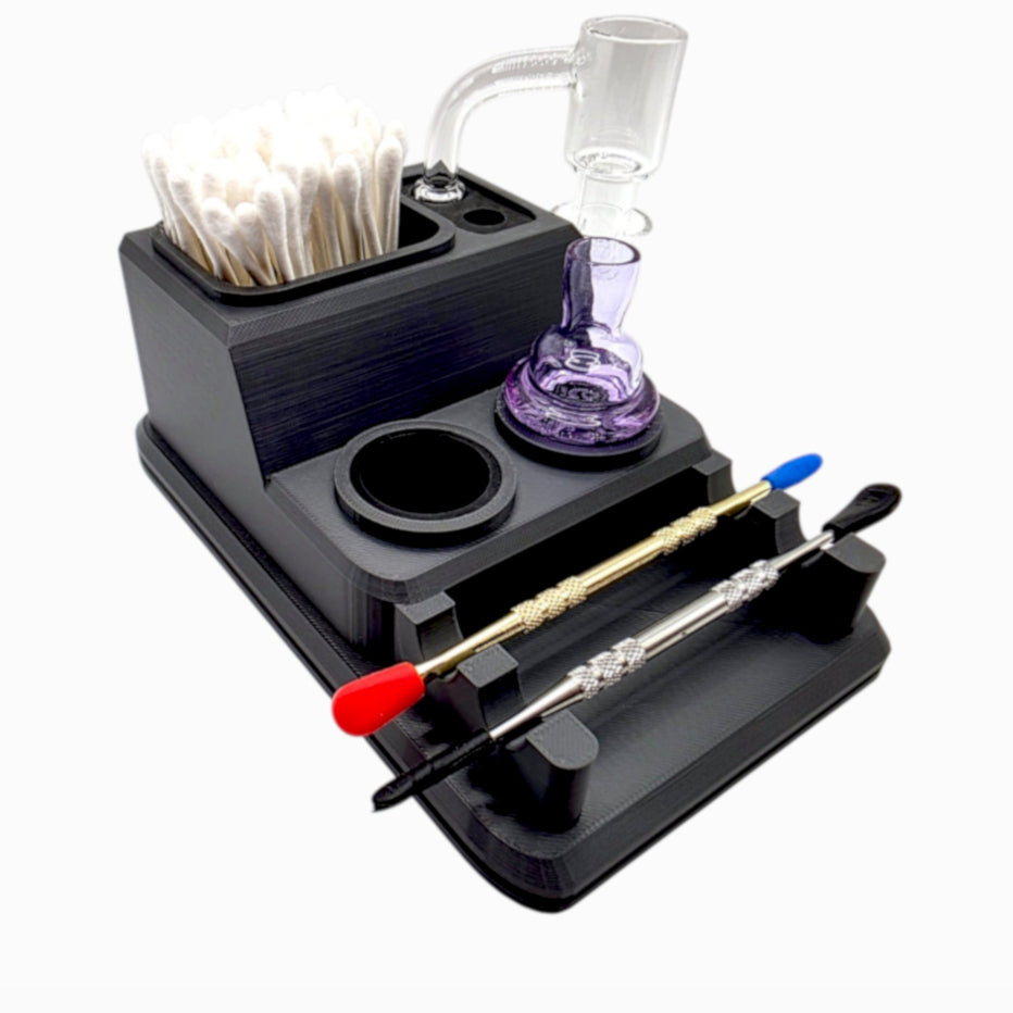 Dabdock Lite compact organizer with silicone-lined holders for 2 caps and 10/14mm accessories