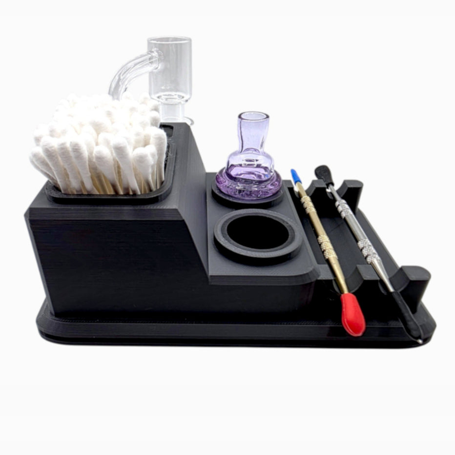 Dabdock Lite compact organizer with silicone-lined holders for 2 caps and 10/14mm accessories